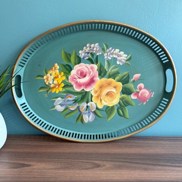 Vintage Turquoise Toleware Pilgrim Art Oval Tray 155 Reticulated Hand Painted - Picture 1 of 10